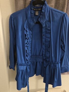 Antilia Femme Blue Ruffle-Trim Button Front Blouse